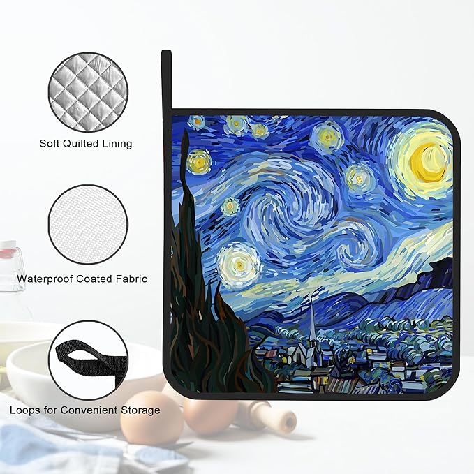 Pot Holder Set of 2,Starry Night Kitchen Heat Resistant Potholder for BBQ Cooking Baking,Food Hot Pat for Women Men Kitchen Wear