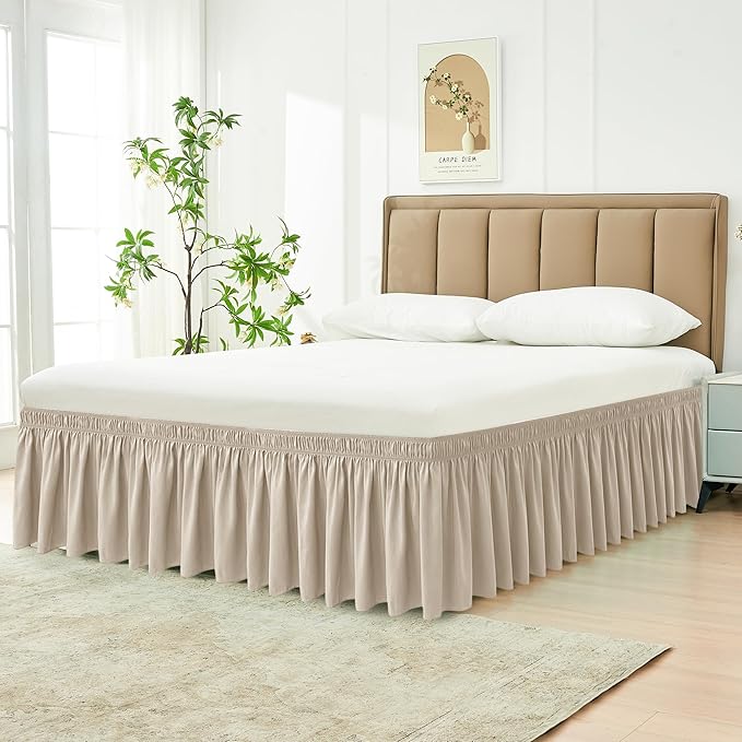 Biscaynebay Wrap Around Bed Skirts for Queen Beds 19" Long Drop, Light Camel Adjustable Elastic Dust Ruffles Easy Fit Wrinkle & Fade Resistant Silky Luxurious Fabric Solid Machine Washable