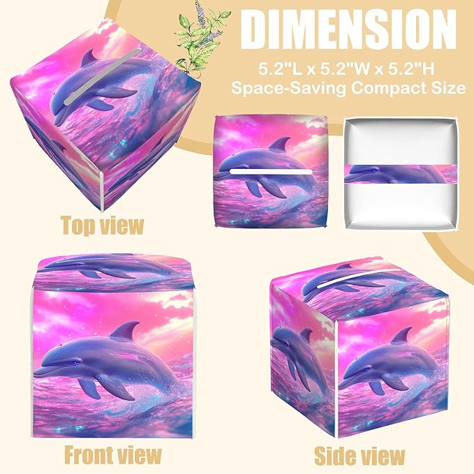 BLYKVGHQ Square Tissue Box Cover Dolphin Jumping Out of The Water Tissue Box Holder Facial Cube Paper Dispenser Leather Decorative Organizer Home Office Desk Decor, 5.2"x5.2"x5.2"