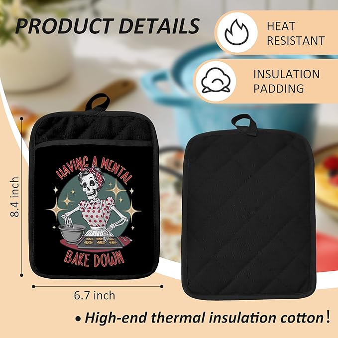 Gothic Halloween Skeleton Baker Pot Holders for Kitchen, Gifts for Baking Lovers, Trendy Funny Goth Skull Heat Resistant Hot Pads and Oven Mitts for Baking Cooking