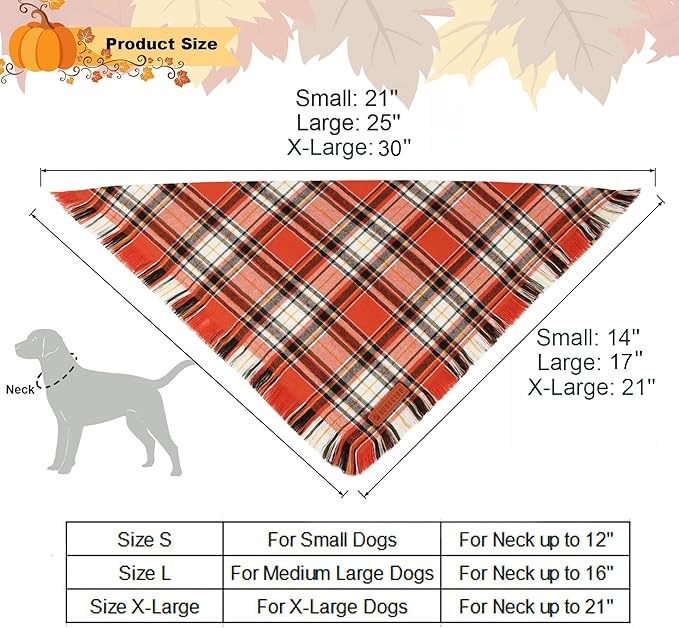 ADOGGYGO Fall Dog Bandana with Tassels Edges, Stylish Orange Plaid Pet Scarf, Multiple Size, Thanksgiving Halloween Fall Bandanas for Small Dogs (Small)