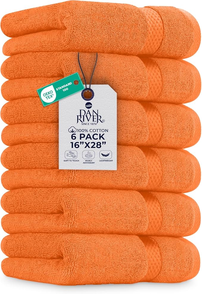 DAN RIVER 6-Pack Premium Hand Towels (16x28 Inches) - 100% Cotton, Ultra Soft, Lightweight, Highly Absorbent Towels for Bathroom, Spa, Gym, Salon, Hotel, and Travel - Orange