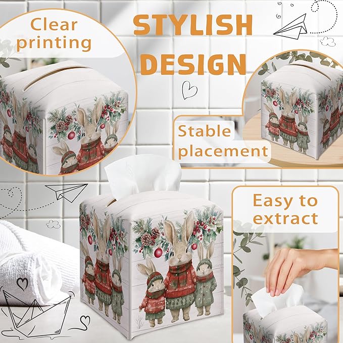Christmas Tissue Box Holder, Christmas Bunny Leather Tissue Box Cover Square with Bottom Belt, Paper Facial Decorative Tissues Cover for Night Stands Bathroom Office Home Decor-B15