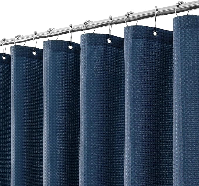 meioro Navy Blue Shower Curtain, Waffle Weave 256GSM Heavy Duty Textured Fabric Shower Curtains for Bathroom Hotel Spa, Luxury Weighted Polyester Cloth Bath Curtain Set with 12 Hooks, 72Wx84H