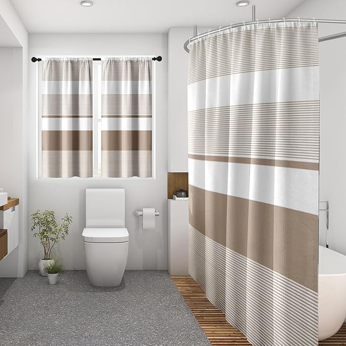 Culudea Striped Modern Boho Waffle Textured Cloth Shower Curtain Set, Taupe White Beige Horizontal Stripe Bathroom Window Waterproof Shower Curtains for Bathroom Decor