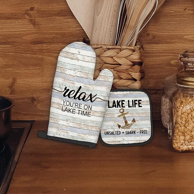 Lake House Gifts Oven Mitts and Pot Holders Sets, Lake Lovers House Kitchen Accessories Sets,Rustic Relax You’re on Lake Time Heat Resistant Oven Glove Potholders for Kitchen Cooking Baking BBQ