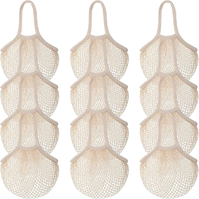 Nodaaiie 12 Pack Reusable Cotton Mesh Grocery Bags Farmers Market Bag Eco-Friendly Washable Net Tote Bag with Long Handles for Fruits, Vegetables, Shopping, and Beach (Beige, 23.6"×14")