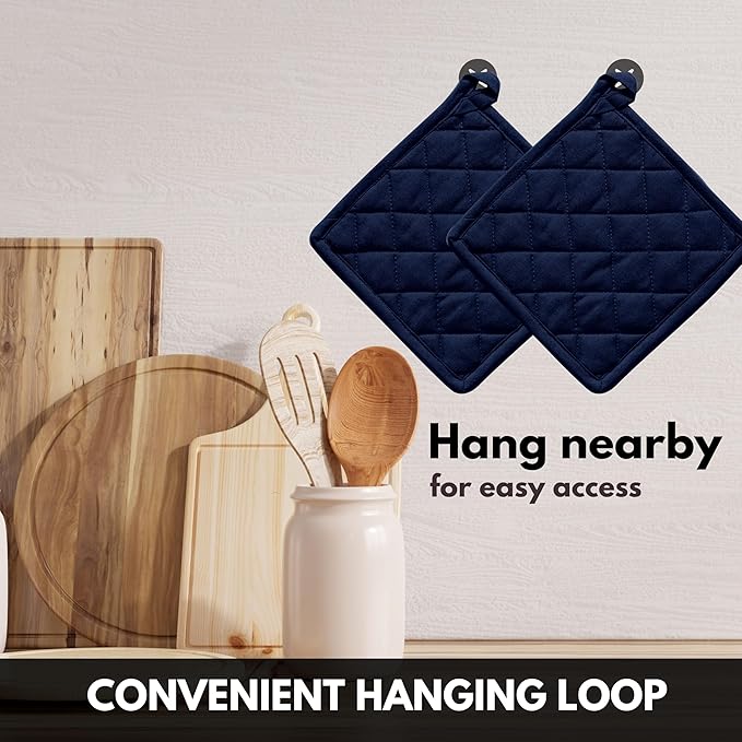 Oven Mitt (7"x13") & Pot Holder (8"x8") 100% Cotton Set of Heat Resistant Oven Gloves & Hot Pads for Gifts, BBQ, Cooking, Baking, Thanksgiving - Navy Blue