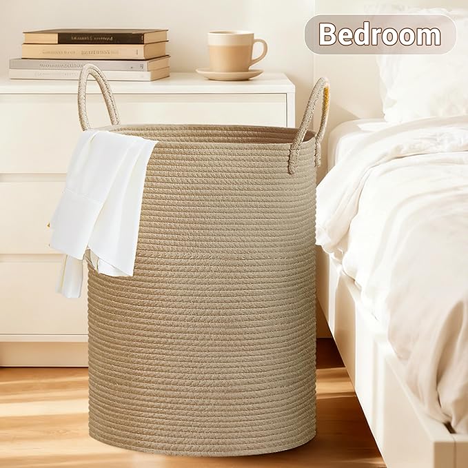 SunNewt Tall Laundry Basket with Handles, 100L Portable Dirty Clothes Hamper, Boho Cotton Rope Storage Bin for Blankets Kids Toys Gifts, Extra Large Organizer for Baby Nursery Bedroom Bathroom, Jute