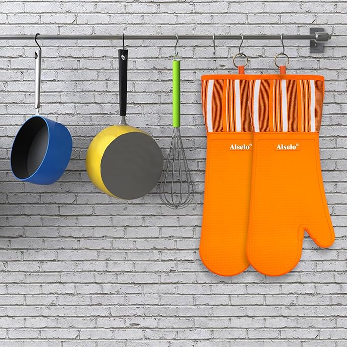 Oven Mitts Heat Resistant Silicone Kitchen Gloves for 550 Degrees with Waterproof and Non-Silp, Oven Gloves for Baking Cooking Barbecue Microwave Machine Washable (Extra Long Orange, 2)