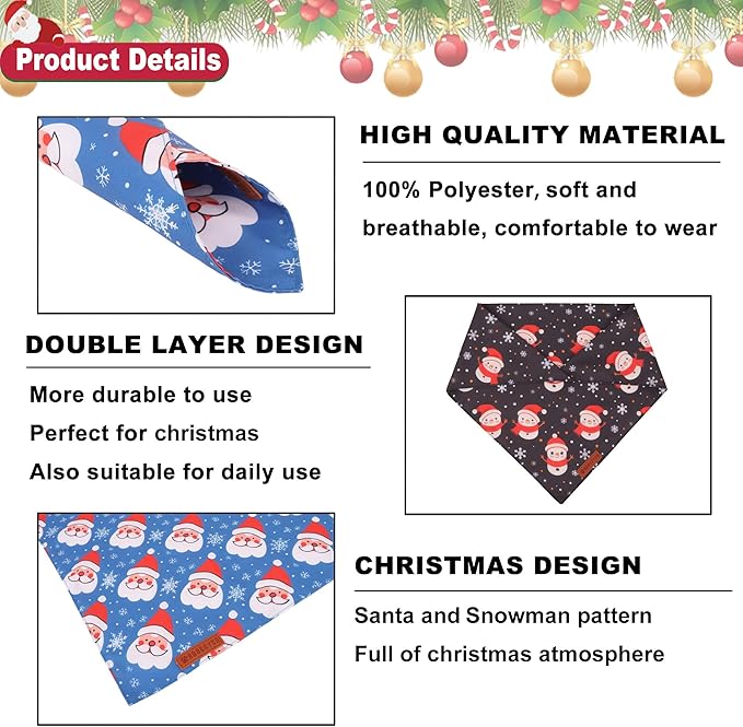 ADOGGYGO Christmas Dog Bandanas 2 Pack, Reversible Triangle Santa Snowman Pet Xmas Scarf, Adjustable Fit Christmas Bandanas for Extra Large Dogs Pets (X-Large)