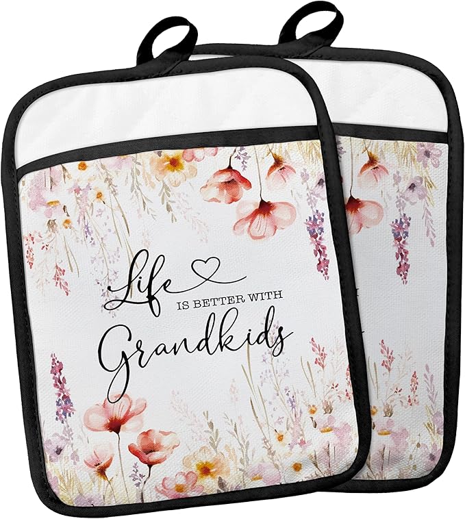 Grandma Gifts from Grandkids Pot Holders with Pockets, Gifts for Grandma Grandmother Kitchen Accessories Sets, Life Better with Grandkids Heat Resistant Oven Glove Potholders for Kitchen