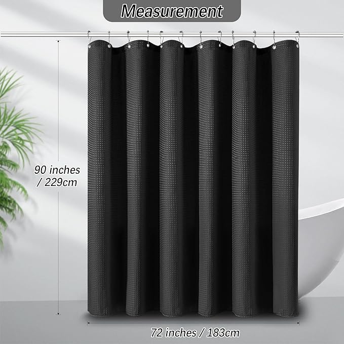 PANGSINNE 90 inch Long Waffle Textured Fabric Shower Curtains, 256GSM Heavy Duty Weighted Shower Curtain, Hotel Quality Luxury Polyester Bathroom Curtain with 12 Hooks, 72Wx90H