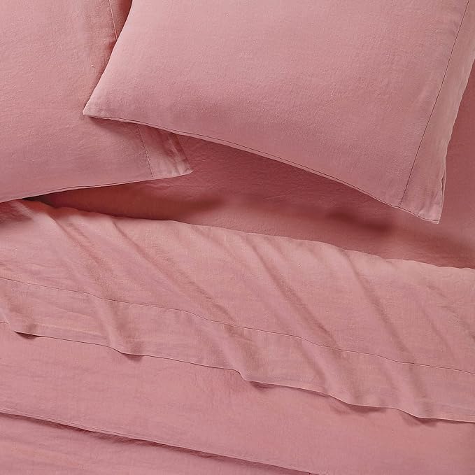 Sijo Stone Washed Organic French Linen Bed Sheet Set, GOTS Certified Organic, Best Cooling Linen Sheet Award by Sleep Foundation, 3 Piece - 2 Pillowcases and 1 Fitted Sheet (Pink Clay, King)