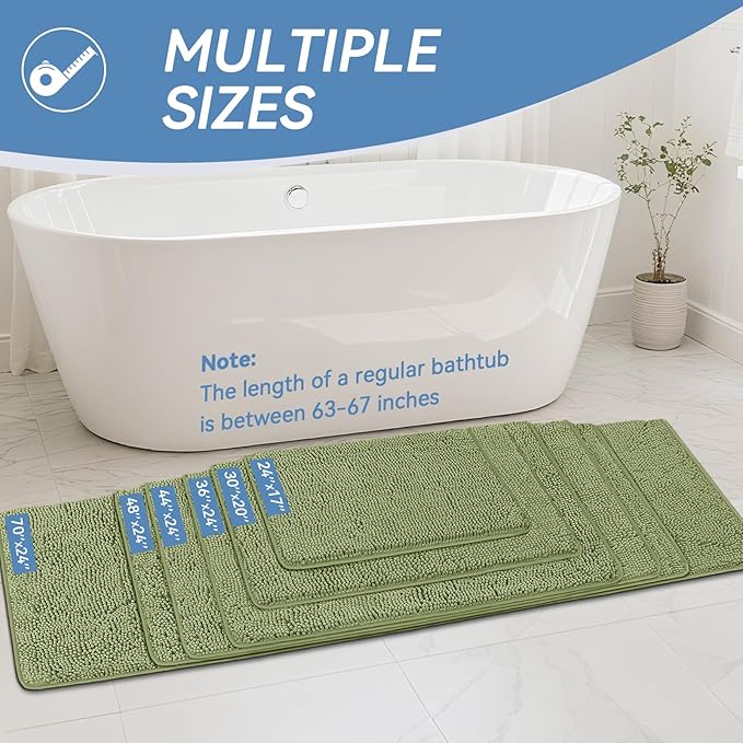 Bcoimo 24"×17" Absorbent Bath Mat, Non-Slip with Backing Chenille Bath Rug and Machine Washable Bathroom Mat Quick-Dry Design. Ideal for Bathroom and Tub Areas