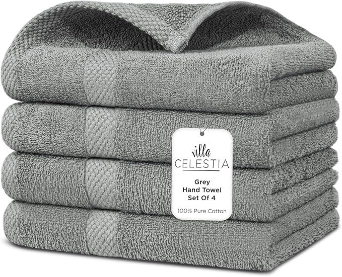 Villa Celestia 100% Cotton Hand Towel Set of 4, (16 x 28 inches) Sustainable, Soft, Highly Absorbent, Quick Drying, Combed Cotton Hand Towels Pack of 4 Ideal for Hotels, Spa, Bathroom, Dorm, Grey