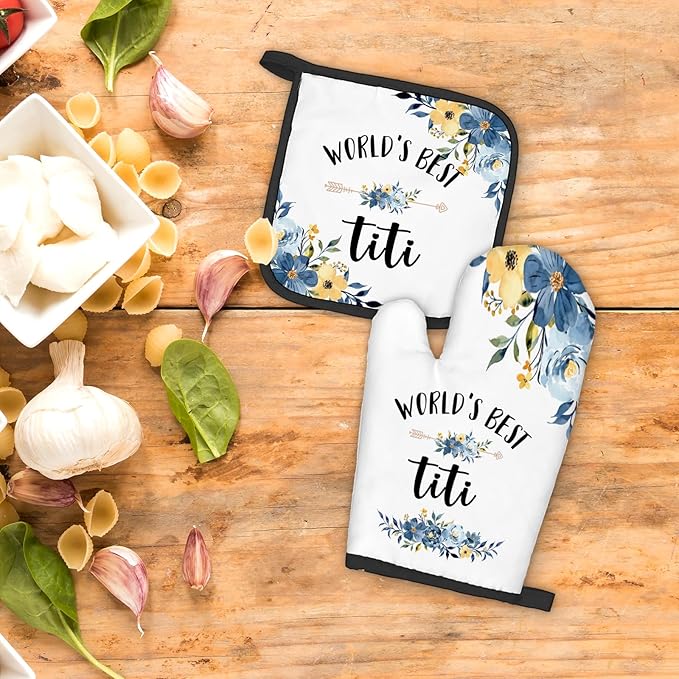 Titi Gifts Oven Mitts and Pot Holders Sets, Gifts for Titi Aunt Auntie Aunty, TitiAunt Auntie Gifts from Nephew Niece,World’s BestTiti Heat Resistant Oven Glove Potholders for Kitchen Cooking