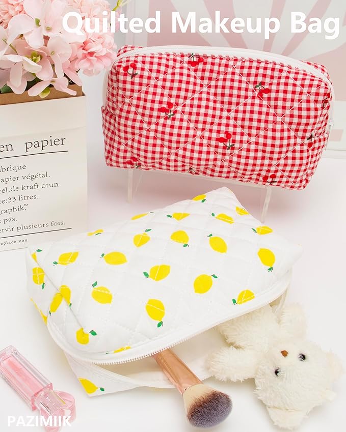 PAZIMIIK Vintage Quilted Makeup Bag Cosmetic Pouch for Brushes Pencils and Travel Make Up Accessories for Women and Girls Lemon White