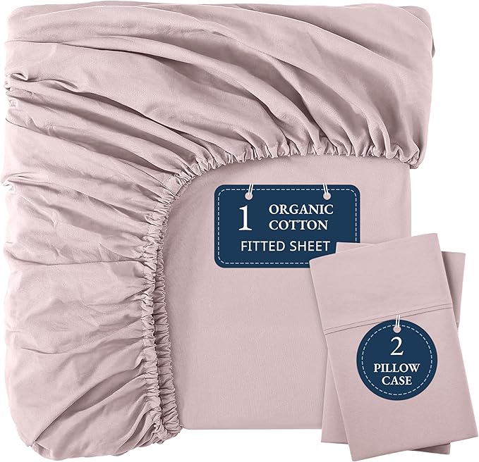 LANE LINEN Full Size Fitted Sheet, 100% Organic Cotton, 3Pc Set (1 Fitted Sheet,2 Pillowcases), Percale Weave, Bottom Sheet, Breathable, Fits Mattress Upto 15" Deep - Sepia Rose(No Flat Sheet)