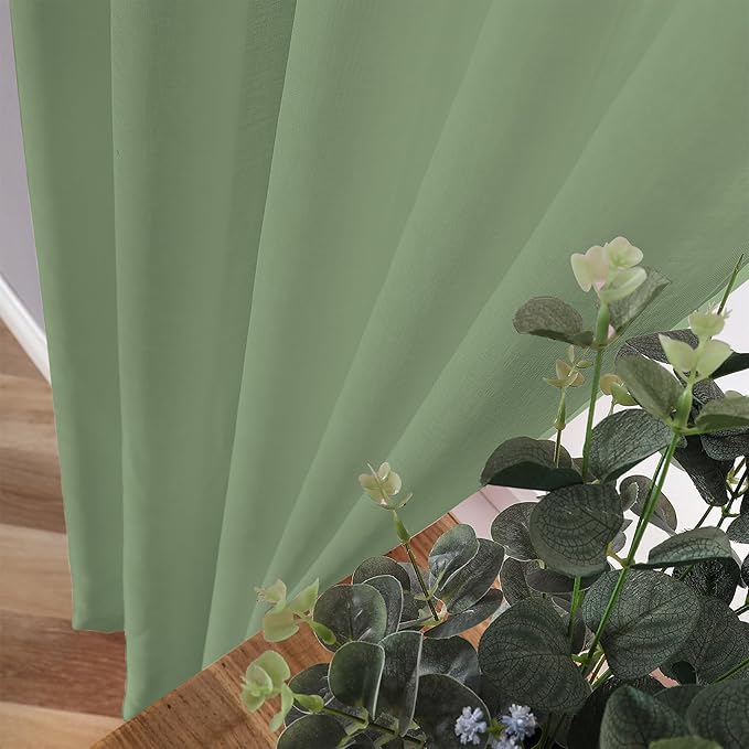 Tollpiz Short Sheer Tier Curtains Linen Textured Half Kitchen Curtain Sheers Light Filtering Rod Pocket Voile Small Curtain for Bathroom, 25 x 24 inches Long, Sage Green, Set of 2 Panels