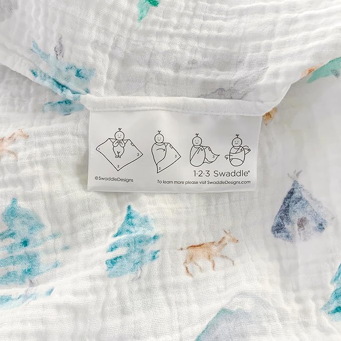 SwaddleDesigns Cotton Muslin Swaddle Blanket, Receiving Blanket for Baby Boys & Girls, Best Registry Gift, 46x46 inches, Watercolor Denim Mountains & Trees