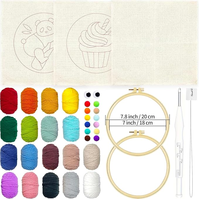 HAND U JOURNEY Punch Needle Beginner DIY Kit – 18 Colors Yarn, 2 x 8.4 Hoops with Panda & Cupcake Patterns, Punch Tool, Skill Guide, and Monk's Cloth for Creative Embroidery Craft