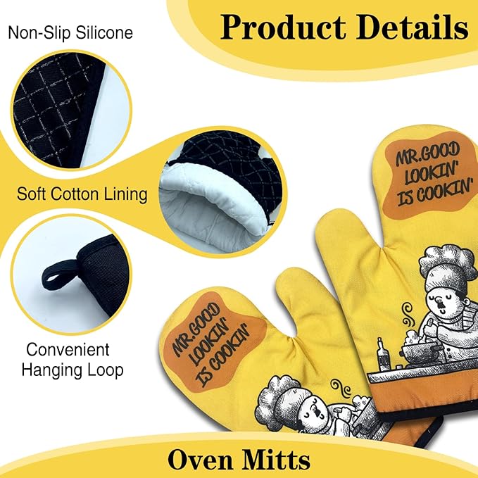2 Pack Funny Oven Mitts for Men, Mr Good Lookin' is Cookin', Heat Resistant Silicone Non-Slip Mitts, Christmas Birthday Gifts for Dad Husband, Humor Grilling Cooking Gifts for Chef Friend