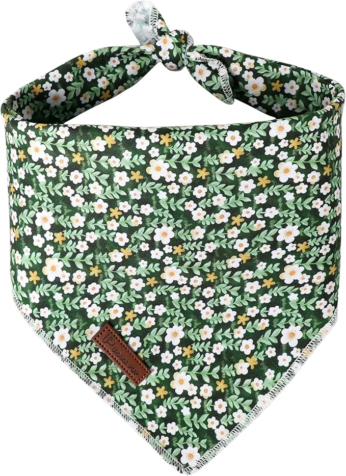 UP URARA PUP Summer Bandana - Cute Pet Bandana with Flower Pattern, Adjustable Green Puppy Bib, Washable Triangle Dog Scarf for Boy, Girl Dogs or Cats
