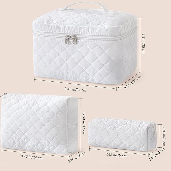HBselect Quilted Makeup Bag, 3PCS Cotton Large Travel Makeup Bag, Cute Floral Coquette Make up Bag Cosmetic Bag Toiletry Bag for Women Girls
