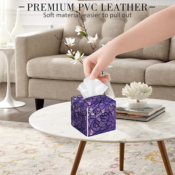POIUBLE Abstract Purple Stained Glass Tissue Box Cover Leather Tissue Box Holder Square Facial Paper Organizer Dispenser for Bathroom Kitchen Bedroom Vanity Countertop Night Stands