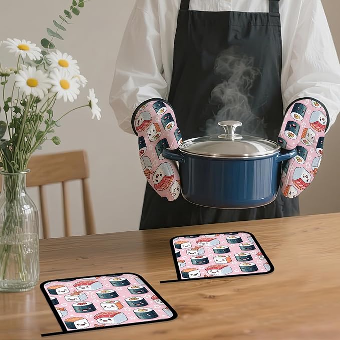 Cute Sushi Roll Japanese Oven Mitts and Pot Holders Set,Kitchen Decor Heat Resistant Non Slip Hot Pads and Oven Mitt for Chef Cooking Baking BBQ Mom Girl Gifts(4 Piece Set)
