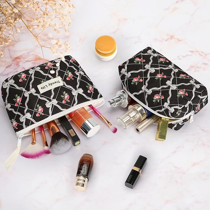 HAOGUAGUA 2 Pieces Makeup Bag, Small Large Quilted Cosmetic Bag, Travel Floral Make Up Toiletry Organizer Bag for Women Girls (2PCS STYLE A-5)