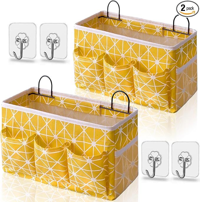 Kanrichu 2pcs 3-pockets Large Wall Hanging Organizer Bag, Linen Fabric Door Hanging Storage Baskets with Pockets, Waterproof Bin for Kitchen, Bedroom, Office, RV Camper (Yellow_2pcs)