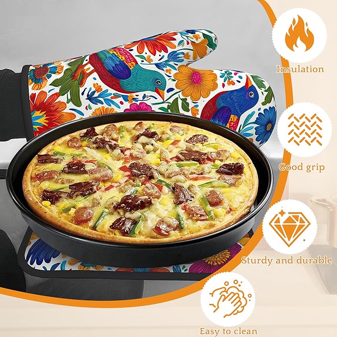 Colorful Bird Oven Mitts and Pot Holders,Flowers Mexican Style Heat Resistant Oven Mitts Gloves and Pot Holder for Home Kitchen Decorations Cooking Baking BBQ Gifts,Set of 4