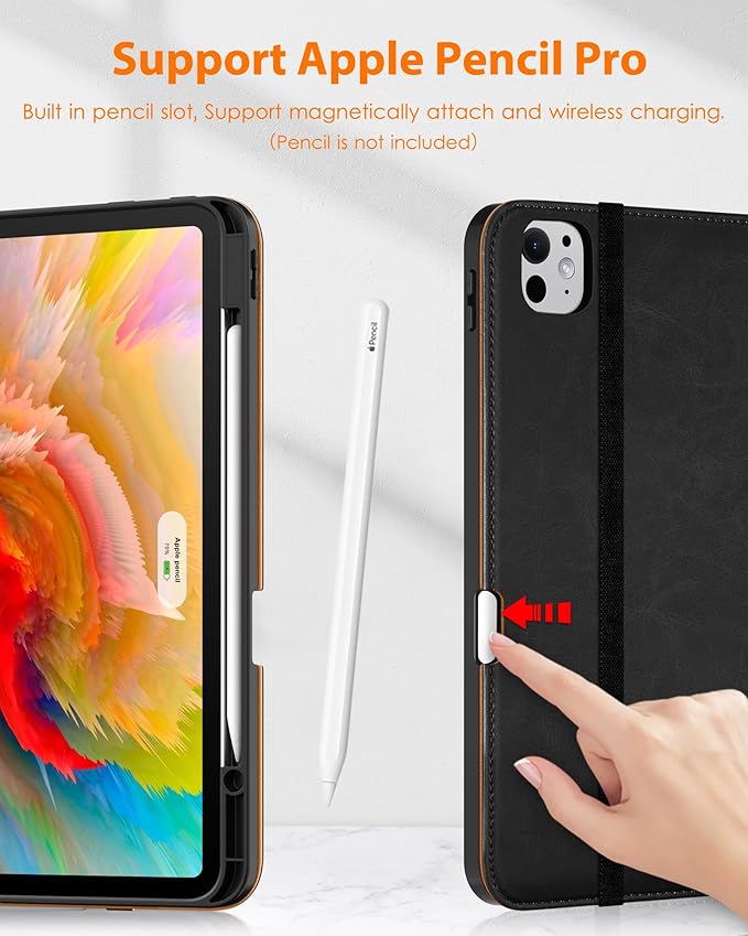 DTTO for iPad Pro 13 inch Case (M5/M4) 2025/2024, Premium Leather Business Folio Stand Cover with Pencil Holder - Auto Wake/Sleep & Multiple Viewing Angles, Built in Hand Strap & Pocket, Black