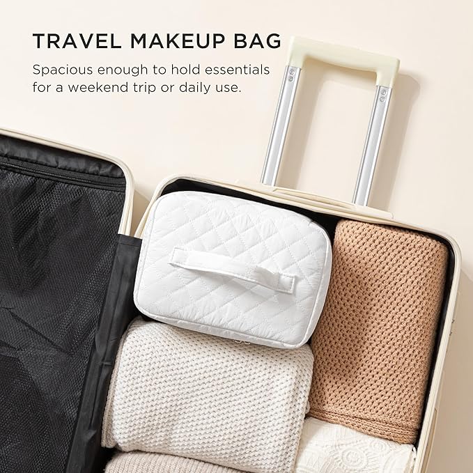 HBselect Christmas Gifts Large Quilted Makeup Bag, Cute Cotton Travel Makeup Bag with Handle, Portable Coquette Floral Make up Bags, Toiletry Organizer Make up Bags for Women Teen Girls Mom