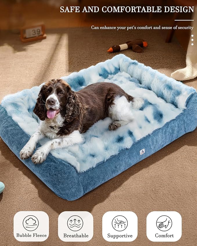Welfibr Fluffy Faux Fur XL Dog Bed Large Sized Dog Washable Rasied Dog Bed Orthopedic Dog Beds with Sides Noiseless Supportive Foam Dog Couch Anti-Slip Comfort Pet Beds with Removable Cover Blue 48"