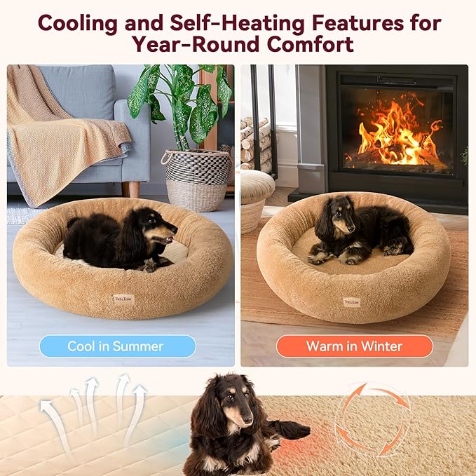 Self-Warming Calming Donut Dog Bed for Medium Dogs – Orthopedic Memory Foam Round Dog Bed, Anxiety Relief & Joint Support, Waterproof Liner, Washable Removable Cover, Non-Slip Bottom, Plush Bolster