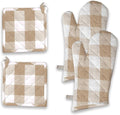 Buffalo Plaid Check Oven Mitts and Pot Holders Set, 100% Cotton, Heat Resistant, Includes 2 Oven Gloves (7x13 Inches) and 2 Hot Pads (8x8 Inches) for Cooking and Baking, Beige White