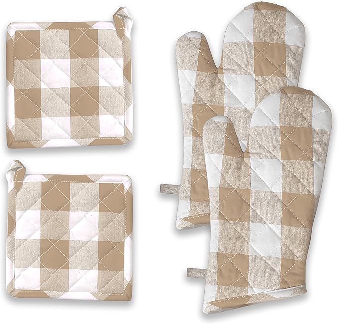 Buffalo Plaid Check Oven Mitts and Pot Holders Set, 100% Cotton, Heat Resistant, Includes 2 Oven Gloves (7x13 Inches) and 2 Hot Pads (8x8 Inches) for Cooking and Baking, Beige White