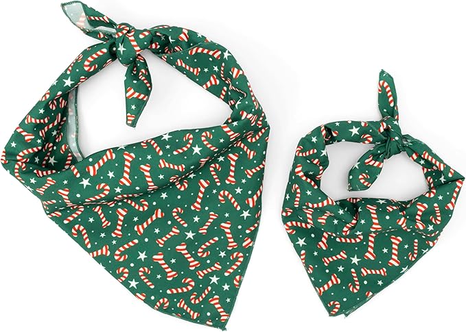 THE WORTHY DOG Classic Tie-On Dog Bandana – Soft Cotton Flannel Square Pet Bandana, Candy Cane Pattern, Green, Large