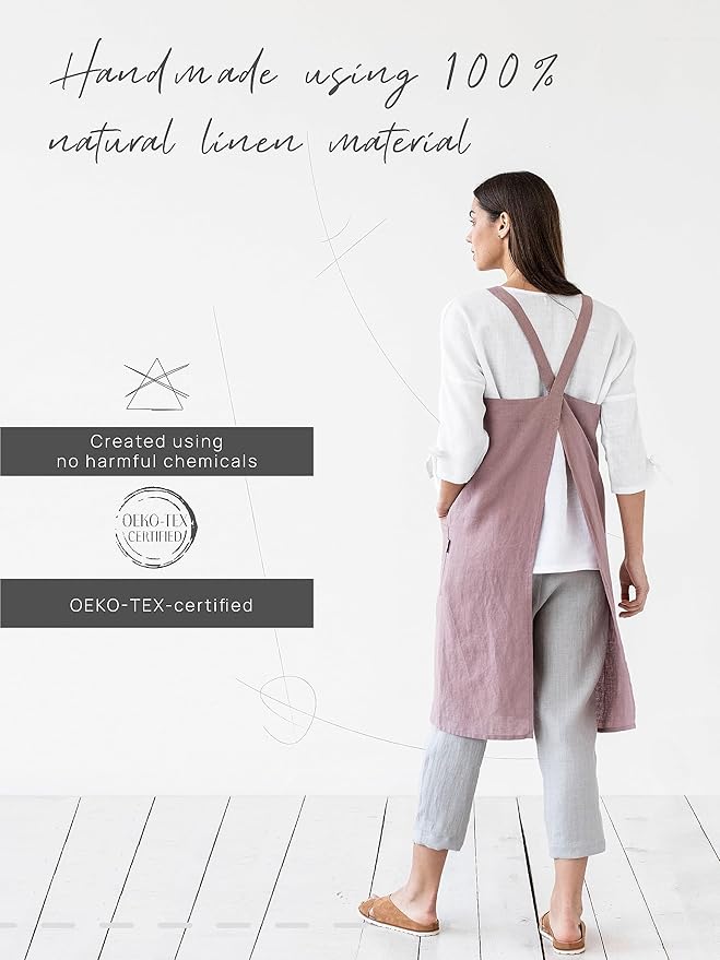 MagicLinen 100% Linen Apron - Japanese Cross Back Apron with Pockets for Women and Men - Pinafore Style
