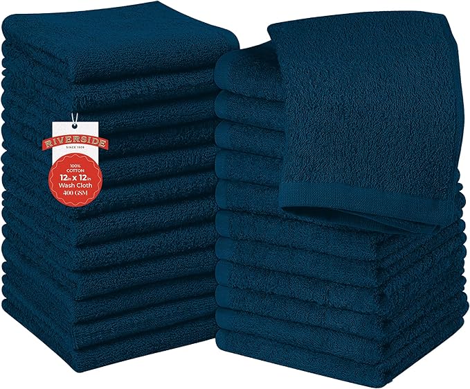 RIVERSIDE 24 Pack Washcloths Set - 100% Cotton [12x12 Inches] - 500 GSM, Soft, Quick-Dry & Highly Absorbent Face Towels - Perfect for Bathroom, Gym, Hotel, Spa & Travel - Opal Blue