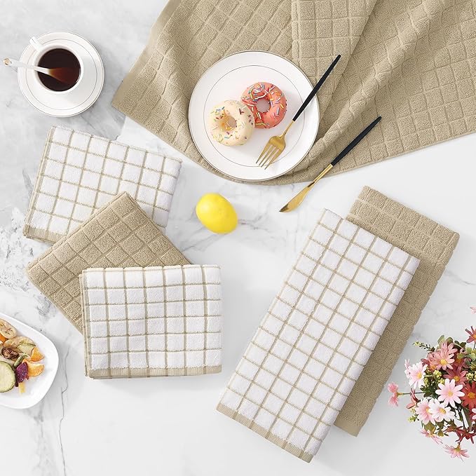 Homaxy Premium Cotton Kitchen Towels 16"x 28", Large Natural Ring Spun 390 GSM Dish Towels, Super Absorbent Terry Kitchen Hand Towels, Soft Tea Towels with Hanging Loop, Tan Check Design, 8 Pack
