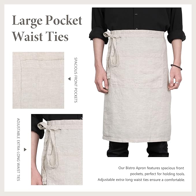Pure Linen Bistro Half Apron - 25 x 35 Inch Unisex Waist Aprons with Large Pocket Ideal for Kitchen Crafts and More