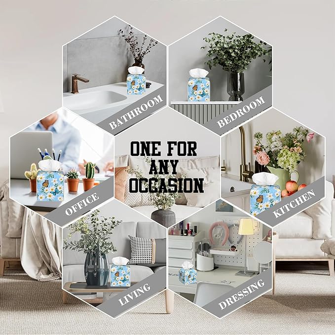 OHEGBXE Tissue Box Holder Daisy Flower and Butterfly Square Leather Tissue Box Cover Modern Cube Facial Paper Cover Case for Bathroom Vanity Countertop Night Stands Tabletop