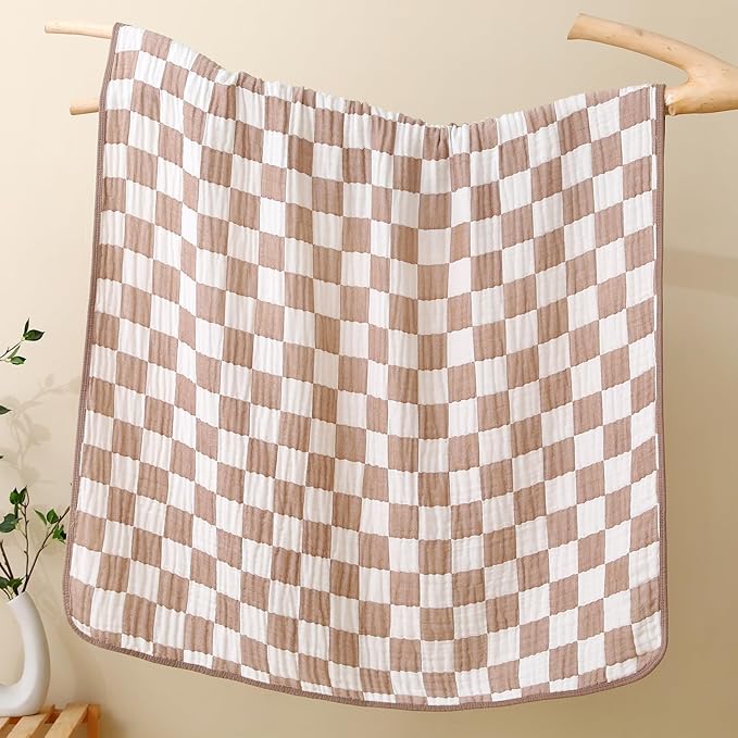HardNok Ultra Soft Muslin Baby Blanket,A Versatile Swaddle and Bed Blanket for Babies, Toddlers, Boys, and Girls (1 Coffee Checkered 1 Pack).