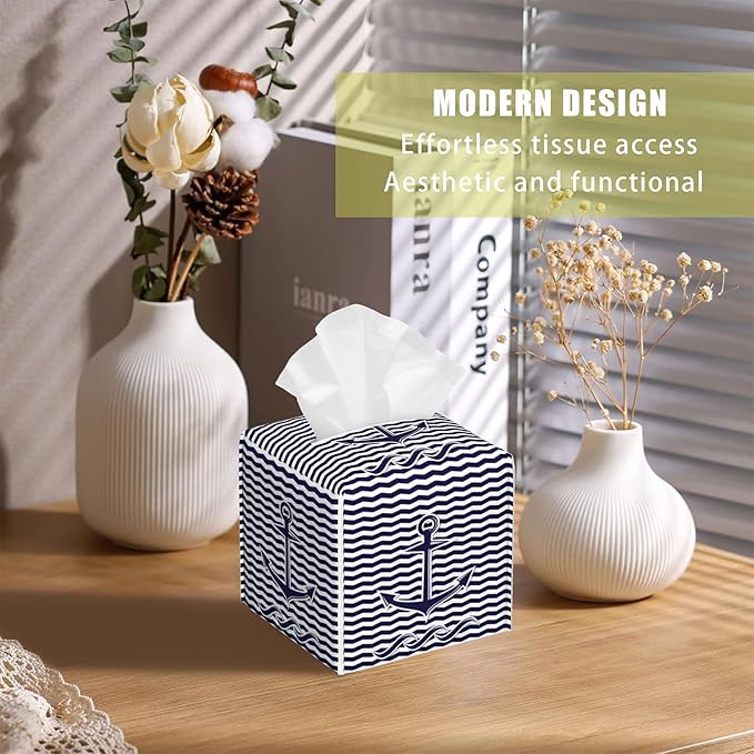 BLYKVGHQ Square Tissue Box Cover Nautical Anchor on Blue and White Stripes Tissue Box Holder Facial Cube Paper Dispenser Leather Decorative Organizer Home Office Desk Decor, 5.2"x5.2"x5.2"