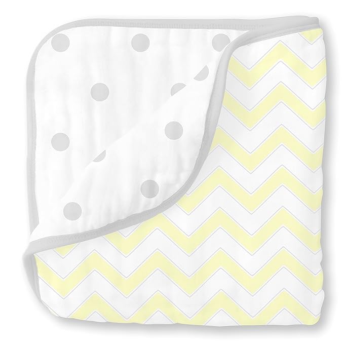 SwaddleDesigns 4-Layer Cotton Muslin Luxe Blanket, Baby and Toddler Cuddle and Dream, 46x46 inches, Yellow Chevron and Dots