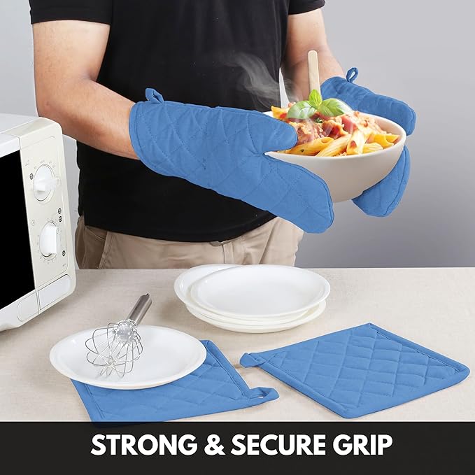 Oven Mitt + Pot Holder 100% Cotton Heat Resistant Kitchen Oven Gloves (7"x13") & Hot Pads (8"x8") for Gifts, Chef, Women & Men - Blue